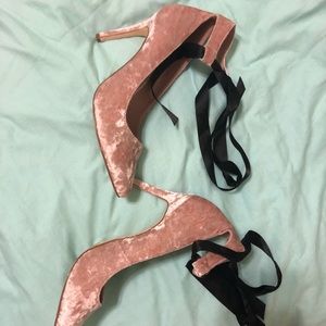 Velvet heels with satin wrap around